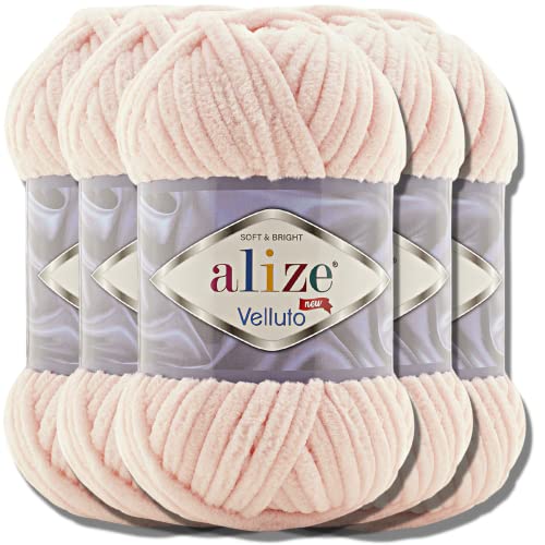 Alize Velluto 5x 100g Türkische Strickwolle super Bulky Wolle zum Häkeln Uni Farbe Babywolle Flauschgarn Filzwolle Kuschelwolle (Powder Pink | 340) von alize