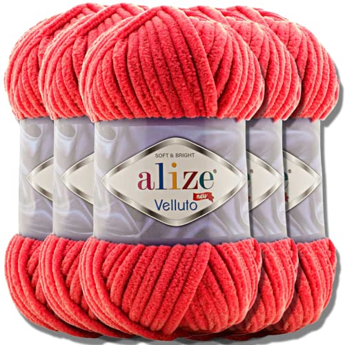 Alize Velluto 5x 100g Türkische Strickwolle super Bulky Wolle zum Häkeln Uni Farbe Babywolle Flauschgarn Filzwolle Kuschelwolle (Red | 56) von alize