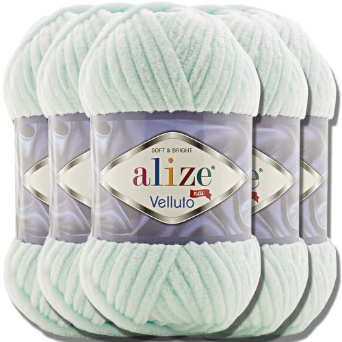 Alize Velluto 5x 100g Türkische Strickwolle super Bulky Wolle zum Häkeln Uni Farbe Babywolle Flauschgarn Filzwolle Kuschelwolle (Water Green | 15) von alize