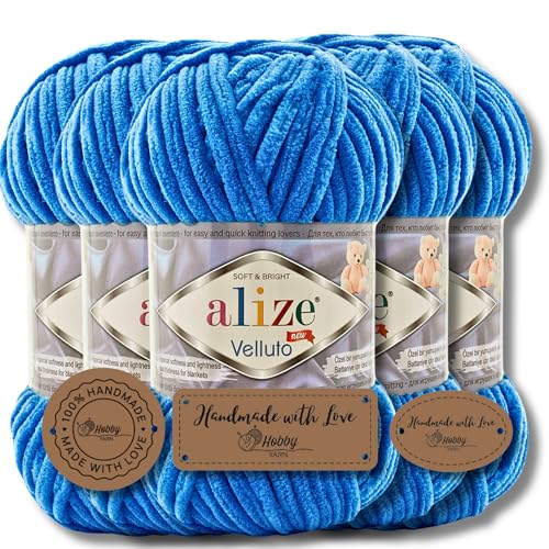 Hobby YARN 3x Etikettenlabel mit Alize Velluto Wolle Premium 5x100g als Set | Chenille Dicke Wolle zum Häkeln Uni Farbe Bulky Amigurumi Baby Kuschelwolle Filzwolle (141) von Hobby YARN