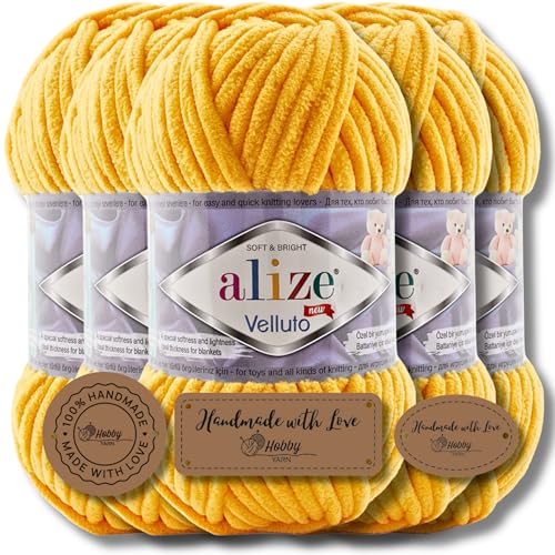 Hobby YARN 3x Etikettenlabel mit Alize Velluto Wolle Premium 5x100g als Set | Chenille Dicke Wolle zum Häkeln Uni Farbe Bulky Amigurumi Kuschelwolle Filzwolle (216) von Hobby YARN