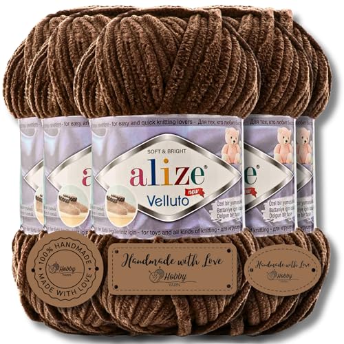 Hobby YARN 3x Etikettenlabel mit Alize Velluto Wolle Premium 5x100g als Set | Chenille Dicke Wolle zum Häkeln Uni Farbe Bulky Amigurumi Baby Kuschelwolle Filzwolle (493) von Hobby YARN