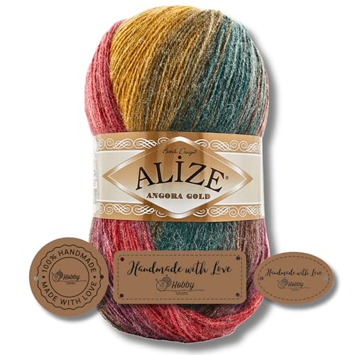 Hobby YARN 3x Etikettenlabel mit Alize Angora Gold Batik Wolle Premium 1x100g als Set | Yarn | Garn | Schurwolle Farbverlauf Strickgarn zum Häkeln Stricken Kleidung (3368) von Hobby YARN