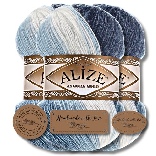 Hobby YARN 3x Etikettenlabel mit Alize Angora Gold Batik Wolle Premium 3x100g als Set, Yarn, Garn, Schurwolle, Farbverlauf, Strickgarn zum Häkeln, Stricken, Kleidung (1899) von Hobby YARN