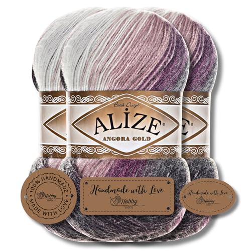Hobby YARN 3x Etikettenlabel mit Alize Angora Gold Batik Wolle Premium 3x100g als Set, Yarn, Garn, Schurwolle, Farbverlauf, Strickgarn zum Häkeln, Stricken, Kleidung (1986) von Hobby YARN
