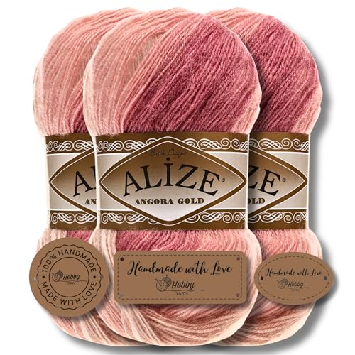 Hobby YARN 3x Etikettenlabel mit Alize Angora Gold Batik Wolle Premium 3x100g als Set, Yarn, Garn, Schurwolle, Farbverlauf, Strickgarn zum Häkeln, Stricken, Kleidung (5652) von Hobby YARN