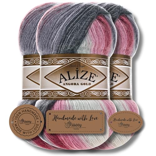 Hobby YARN 3x Etikettenlabel mit Alize Angora Gold Batik Wolle Premium 3x100g als Set | Yarn | Garn | Schurwolle Farbverlauf Strickgarn zum Häkeln Stricken Kleidung (1602) von Hobby YARN