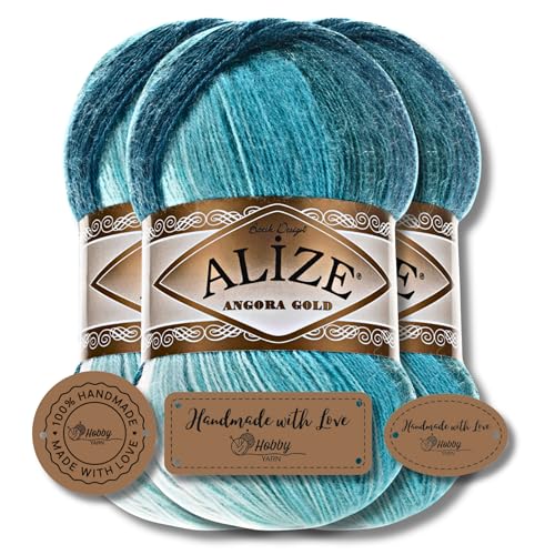 Hobby YARN 3x Etikettenlabel mit Alize Angora Gold Batik Wolle Premium 3x100g als Set | Yarn | Garn | Schurwolle Farbverlauf Strickgarn zum Häkeln Stricken Kleidung (1892) von Hobby YARN
