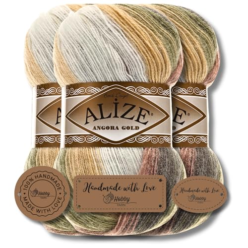 Hobby YARN 3x Etikettenlabel mit Alize Angora Gold Batik Wolle Premium 3x100g als Set | Yarn | Garn | Schurwolle Farbverlauf Strickgarn zum Häkeln Stricken Kleidung (1893) von Hobby YARN