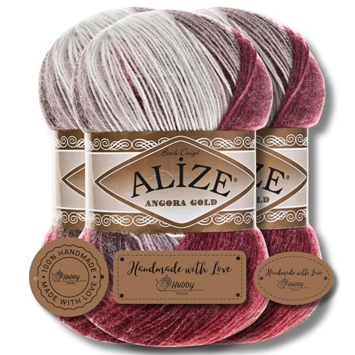 Hobby YARN 3x Etikettenlabel mit Alize Angora Gold Batik Wolle Premium 3x100g als Set | Yarn | Garn | Schurwolle Farbverlauf Strickgarn zum Häkeln Stricken Kleidung (1984) von Hobby YARN