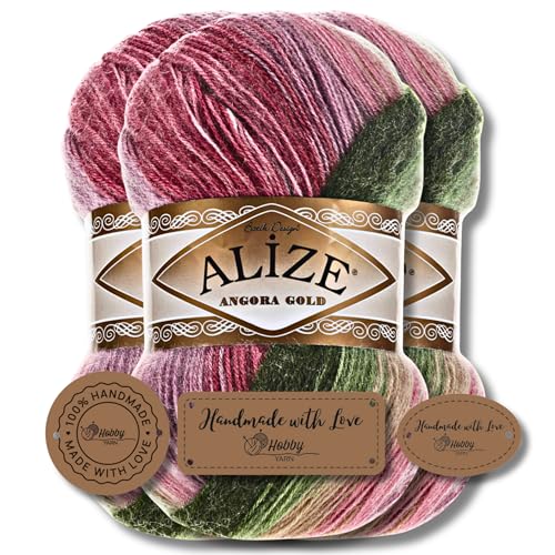 Hobby YARN 3x Etikettenlabel mit Alize Angora Gold Batik Wolle Premium 3x100g als Set, Yarn, Garn, Schurwolle, Farbverlauf, Strickgarn zum Häkeln, Stricken, Kleidung (2527) von Hobby YARN