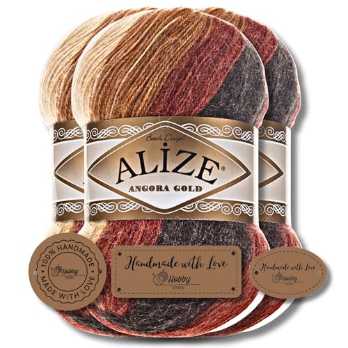 Hobby YARN 3x Etikettenlabel mit Alize Angora Gold Batik Wolle Premium 3x100g als Set | Yarn | Garn | Schurwolle Farbverlauf Strickgarn zum Häkeln Stricken Kleidung (2626) von Hobby YARN