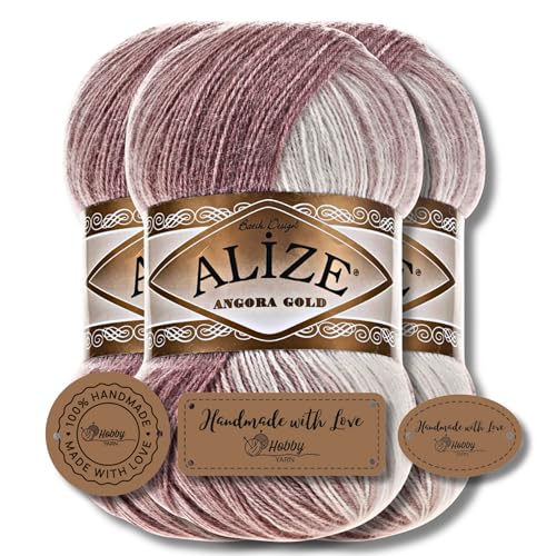 Hobby YARN 3x Etikettenlabel mit Alize Angora Gold Batik Wolle Premium 3x100g als Set | Yarn | Garn | Schurwolle Farbverlauf Strickgarn zum Häkeln Stricken Kleidung (5698) von Hobby YARN