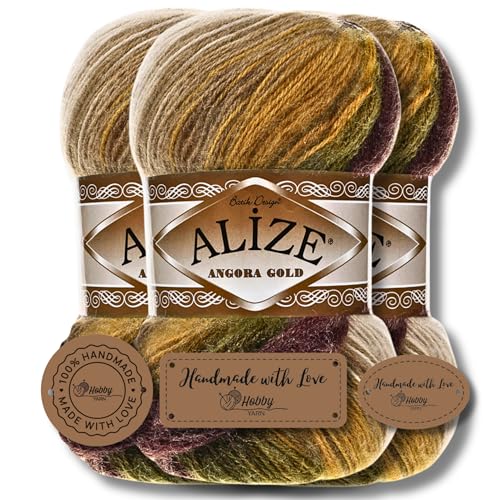 Hobby YARN 3x Etikettenlabel mit Alize Angora Gold Batik Wolle Premium 3x100g als Set, Yarn, Garn, Schurwolle, Farbverlauf, Strickgarn zum Häkeln, Stricken, Kleidung (5850) von Hobby YARN