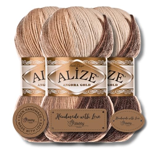 Hobby YARN 3x Etikettenlabel mit Alize Angora Gold Batik Wolle Premium 3x100g als Set | Yarn | Garn | Schurwolle Farbverlauf Strickgarn zum Häkeln Stricken Kleidung (6779) von Hobby YARN