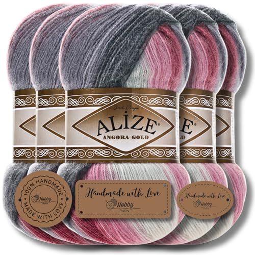 Hobby YARN 3x Etikettenlabel mit Alize Angora Gold Batik Wolle Premium 5x100g als Set | Yarn | Garn | Schurwolle Farbverlauf Strickgarn zum Häkeln Stricken Kleidung (1602) von Hobby YARN