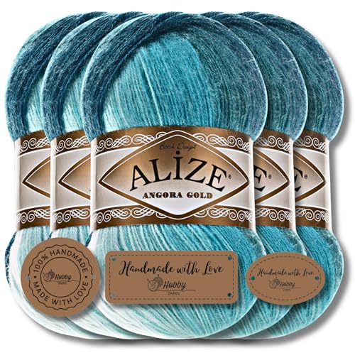 Hobby YARN 3x Etikettenlabel mit Alize Angora Gold Batik Wolle Premium 5x100g als Set | Yarn | Garn | Schurwolle Farbverlauf Strickgarn zum Häkeln Stricken Kleidung (1892) von Hobby YARN