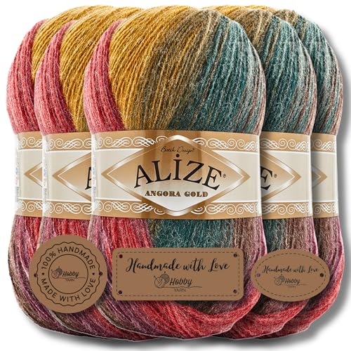 Hobby YARN 3x Etikettenlabel mit Alize Angora Gold Batik Wolle Premium 5x100g als Set | Yarn | Garn | Schurwolle Farbverlauf Strickgarn zum Häkeln Stricken Kleidung (3368) von Hobby YARN