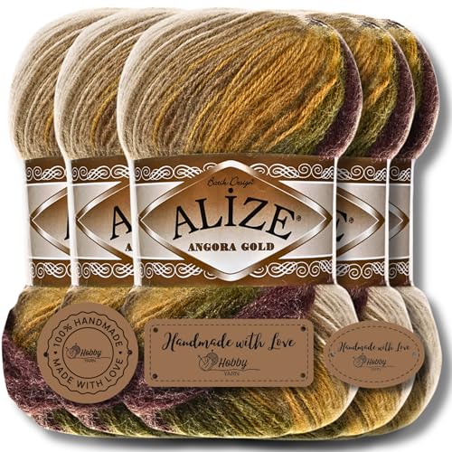 Hobby YARN 3x Etikettenlabel mit Alize Angora Gold Batik Wolle Premium 5x100g als Set | Yarn | Garn | Schurwolle Farbverlauf Strickgarn zum Häkeln Stricken Kleidung (5850) von Hobby YARN