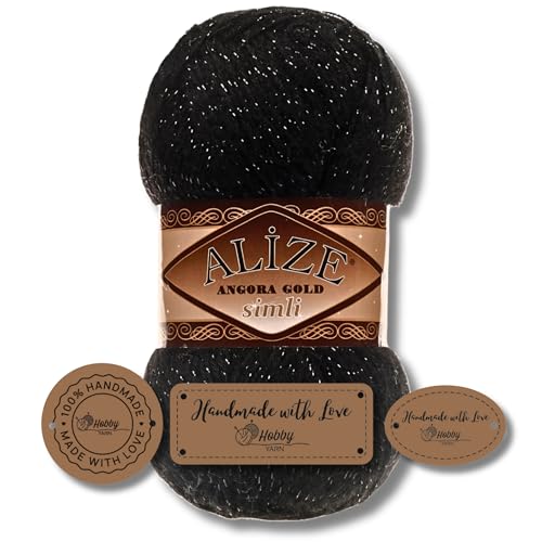 Hobby YARN 3x Etikettenlabel mit Alize Angora Gold Simli Glitzer Wolle Premium 1x100g als Set | Yarn | Garn | Schurwolle Uni Strickgarn zum Häkeln Stricken Kleidung (60) von Hobby YARN