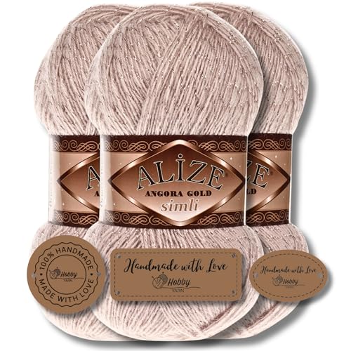 Hobby YARN 3x Etikettenlabel mit Alize Angora Gold Simli Glitzer Wolle Premium 3x100g als Set, Yarn, Garn, Schurwolle, Uni, Strickgarn zum Häkeln, Stricken, Kleidung (506) von Hobby YARN