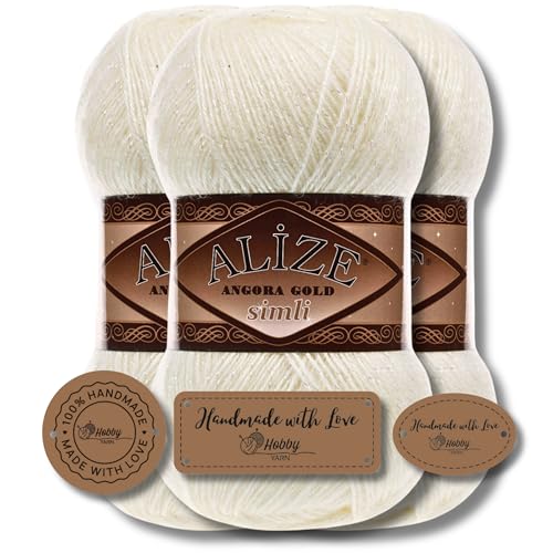 Hobby YARN 3x Etikettenlabel mit Alize Angora Gold Simli Glitzer Wolle Premium 3x100g als Set | Yarn | Garn | Schurwolle Uni Strickgarn zum Häkeln Stricken Kleidung (1) von Hobby YARN