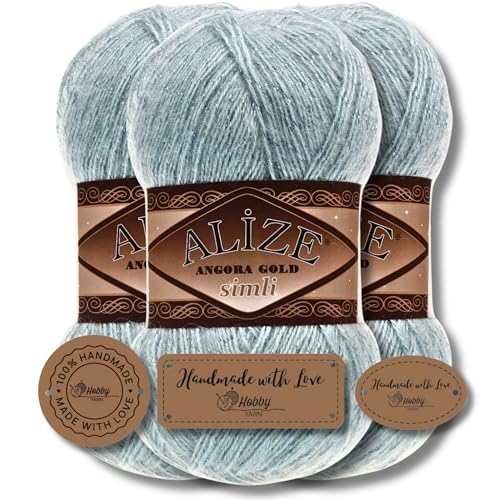 Hobby YARN 3x Etikettenlabel mit Alize Angora Gold Simli Glitzer Wolle Premium 3x100g als Set | Yarn | Garn | Schurwolle Uni Strickgarn zum Häkeln Stricken Kleidung (114) von Hobby YARN