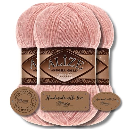 Hobby YARN 3x Etikettenlabel mit Alize Angora Gold Simli Glitzer Wolle Premium 3x100g als Set | Yarn | Garn | Schurwolle Uni Strickgarn zum Häkeln Stricken Kleidung (363) von Hobby YARN