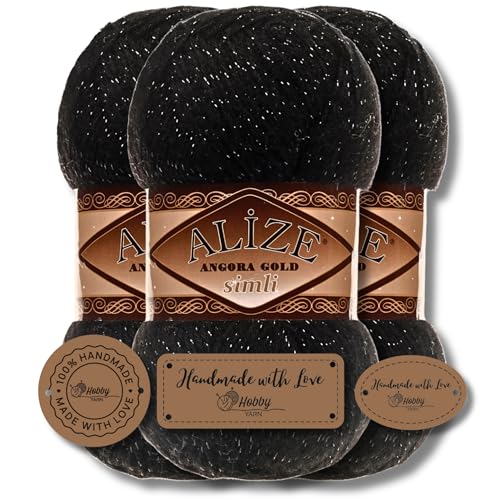 Hobby YARN 3x Etikettenlabel mit Alize Angora Gold Simli Glitzer Wolle Premium 3x100g als Set | Yarn | Garn | Schurwolle Uni Strickgarn zum Häkeln Stricken Kleidung (60) von Hobby YARN