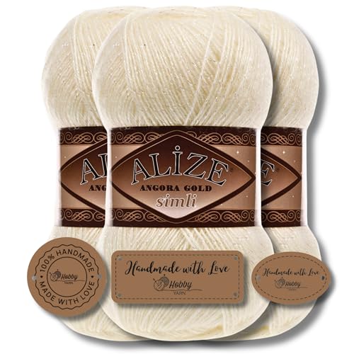 Hobby YARN 3x Etikettenlabel mit Alize Angora Gold Simli Glitzer Wolle Premium 3x100g als Set | Yarn | Garn | Schurwolle Uni Strickgarn zum Häkeln Stricken Kleidung (67) von Hobby YARN