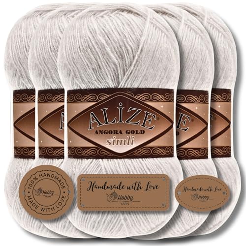 Hobby YARN 3x Etikettenlabel mit Alize Angora Gold Simli Glitzer Wolle Premium 5x100g als Set, Yarn, Garn, Schurwolle, Uni, Strickgarn zum Häkeln, Stricken, Kleidung (Ivory - 599) von Hobby YARN