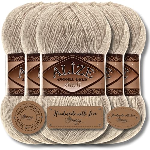 Hobby YARN 3x Etikettenlabel mit Alize Angora Gold Simli Glitzer Wolle Premium 5x100g als Set | Yarn | Garn | Schurwolle Uni Strickgarn zum Häkeln Stricken Kleidung (Beige Melange | 152) von Hobby YARN