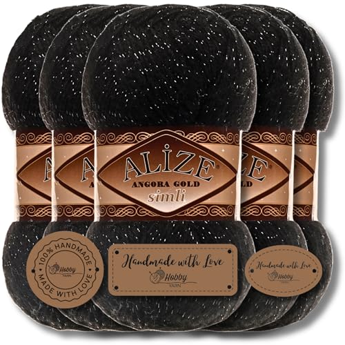 Hobby YARN 3x Etikettenlabel mit Alize Angora Gold Simli Glitzer Wolle Premium 5x100g als Set | Yarn | Garn | Schurwolle Uni Strickgarn zum Häkeln Stricken Kleidung (Black | 60) von Hobby YARN