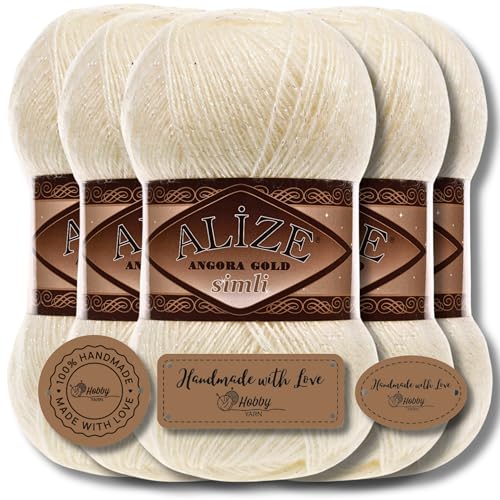 Hobby YARN 3x Etikettenlabel mit Alize Angora Gold Simli Glitzer Wolle Premium 5x100g als Set | Yarn | Garn | Schurwolle Uni Strickgarn zum Häkeln Stricken Kleidung (Candle Light | 67) von Hobby YARN