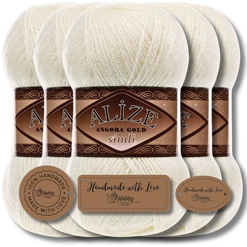 Hobby YARN 3x Etikettenlabel mit Alize Angora Gold Simli Glitzer Wolle Premium 5x100g als Set | Yarn | Garn | Schurwolle Uni Strickgarn zum Häkeln Stricken Kleidung (Cream | 1) von Hobby YARN