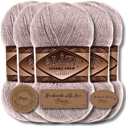 Hobby YARN 3x Etikettenlabel mit Alize Angora Gold Simli Glitzer Wolle Premium 5x100g als Set | Yarn | Garn | Schurwolle Uni Strickgarn zum Häkeln Stricken Kleidung (Dusty Lilac | 163) von Hobby YARN