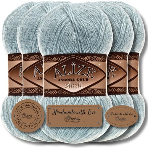 Hobby YARN 3x Etikettenlabel mit Alize Angora Gold Simli Glitzer Wolle Premium 5x100g als Set | Yarn | Garn | Schurwolle Uni Strickgarn zum Häkeln Stricken Kleidung (Fairy Blue | 114) von Hobby YARN