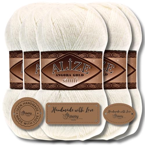 Hobby YARN 3x Etikettenlabel mit Alize Angora Gold Simli Glitzer Wolle Premium 5x100g als Set | Yarn | Garn | Schurwolle Uni Strickgarn zum Häkeln Stricken Kleidung (Light Cream | 62) von Hobby YARN