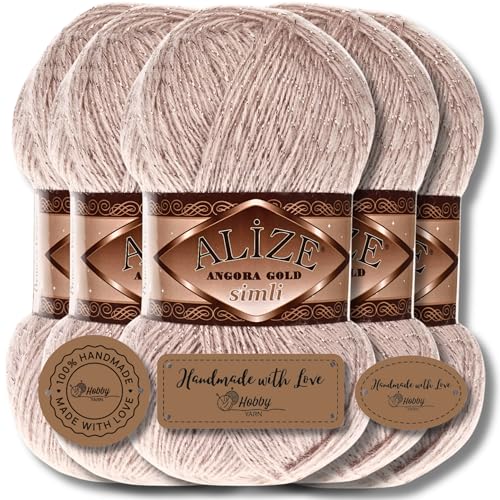 Hobby YARN 3x Etikettenlabel mit Alize Angora Gold Simli Glitzer Wolle Premium 5x100g als Set | Yarn | Garn | Schurwolle Uni Strickgarn zum Häkeln Stricken Kleidung (Palo Santo | 506) von Hobby YARN