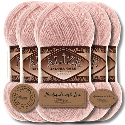 Hobby YARN 3x Etikettenlabel mit Alize Angora Gold Simli Glitzer Wolle Premium 5x100g als Set | Yarn | Garn | Schurwolle Uni Strickgarn zum Häkeln Stricken Kleidung (Powder | 161) von Hobby YARN