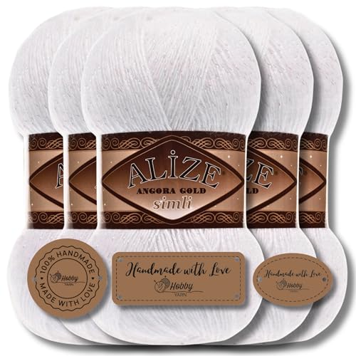 Hobby YARN 3x Etikettenlabel mit Alize Angora Gold Simli Glitzer Wolle Premium 5x100g als Set | Yarn | Garn | Schurwolle Uni Strickgarn zum Häkeln Stricken Kleidung (White | 55) von Hobby YARN