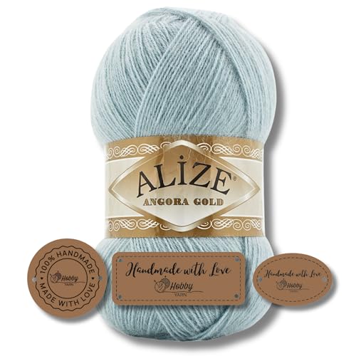 Hobby YARN 3x Etikettenlabel mit Alize Angora Gold Wolle Premium 1x100g als Set, Yarn, Garn, Dünne Mohair aus Schurwolle, Uni, Einfarbig, Strickgarn (114) von Hobby YARN