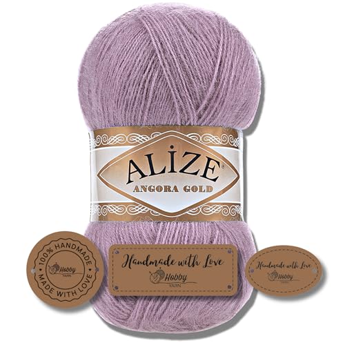 Hobby YARN 3x Etikettenlabel mit Alize Angora Gold Wolle Premium 1x100g als Set, Yarn, Garn, Dünne Mohair aus Schurwolle, Uni, Einfarbig, Strickgarn (312) von Hobby YARN