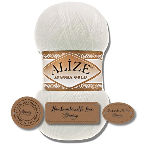 Hobby YARN 3x Etikettenlabel mit Alize Angora Gold Wolle Premium 1x100g als Set | Yarn | Garn | Dünne Mohair aus Schurwolle Uni Einfarbig Strickgarn (62) von Hobby YARN