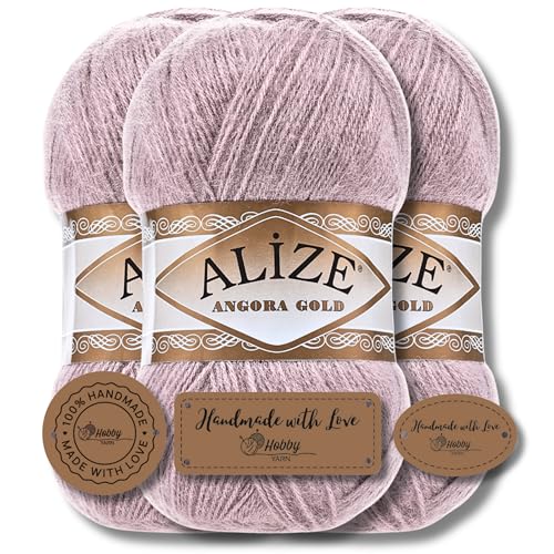 Hobby YARN 3x Etikettenlabel mit Alize Angora Gold Wolle Premium 3x100g als Set, Yarn, Garn, Dünne Mohair aus Schurwolle, Uni, Einfarbig, Strickgarn (163) von Hobby YARN