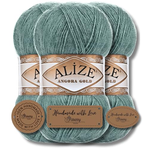 Hobby YARN 3x Etikettenlabel mit Alize Angora Gold Wolle Premium 3x100g als Set, Yarn, Garn, Dünne Mohair aus Schurwolle, Uni, Einfarbig, Strickgarn (164) von Hobby YARN