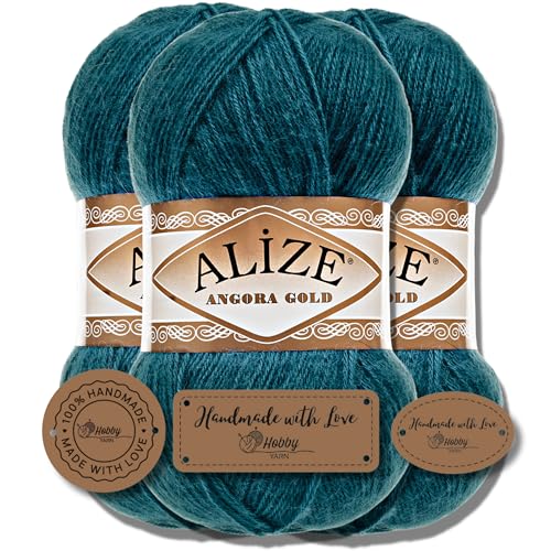 Hobby YARN 3x Etikettenlabel mit Alize Angora Gold Wolle Premium 3x100g als Set, Yarn, Garn, Dünne Mohair aus Schurwolle, Uni, Einfarbig, Strickgarn (17) von Hobby YARN
