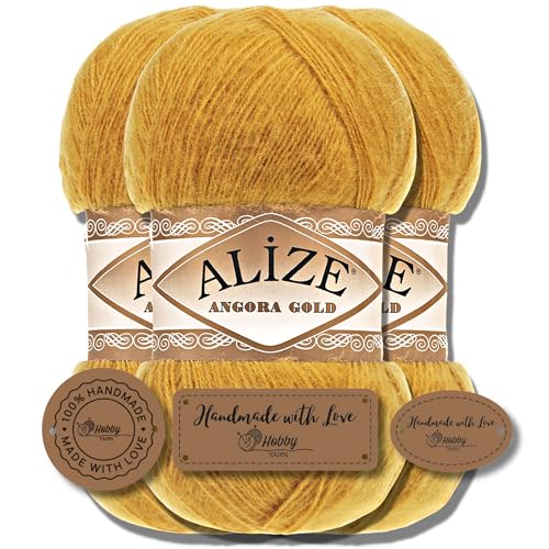 Hobby YARN 3x Etikettenlabel mit Alize Angora Gold Wolle Premium 3x100g als Set, Yarn, Garn, Dünne Mohair aus Schurwolle, Uni, Einfarbig, Strickgarn (2) von Hobby YARN
