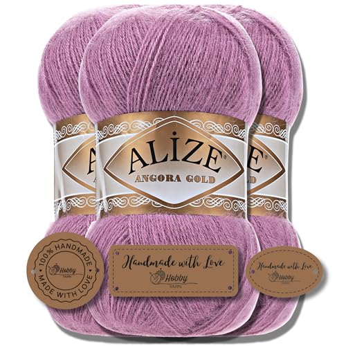 Hobby YARN 3x Etikettenlabel mit Alize Angora Gold Wolle Premium 3x100g als Set, Yarn, Garn, Dünne Mohair aus Schurwolle, Uni, Einfarbig, Strickgarn (28) von Hobby YARN