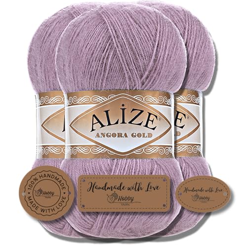 Hobby YARN 3x Etikettenlabel mit Alize Angora Gold Wolle Premium 3x100g als Set, Yarn, Garn, Dünne Mohair aus Schurwolle, Uni, Einfarbig, Strickgarn (312) von Hobby YARN